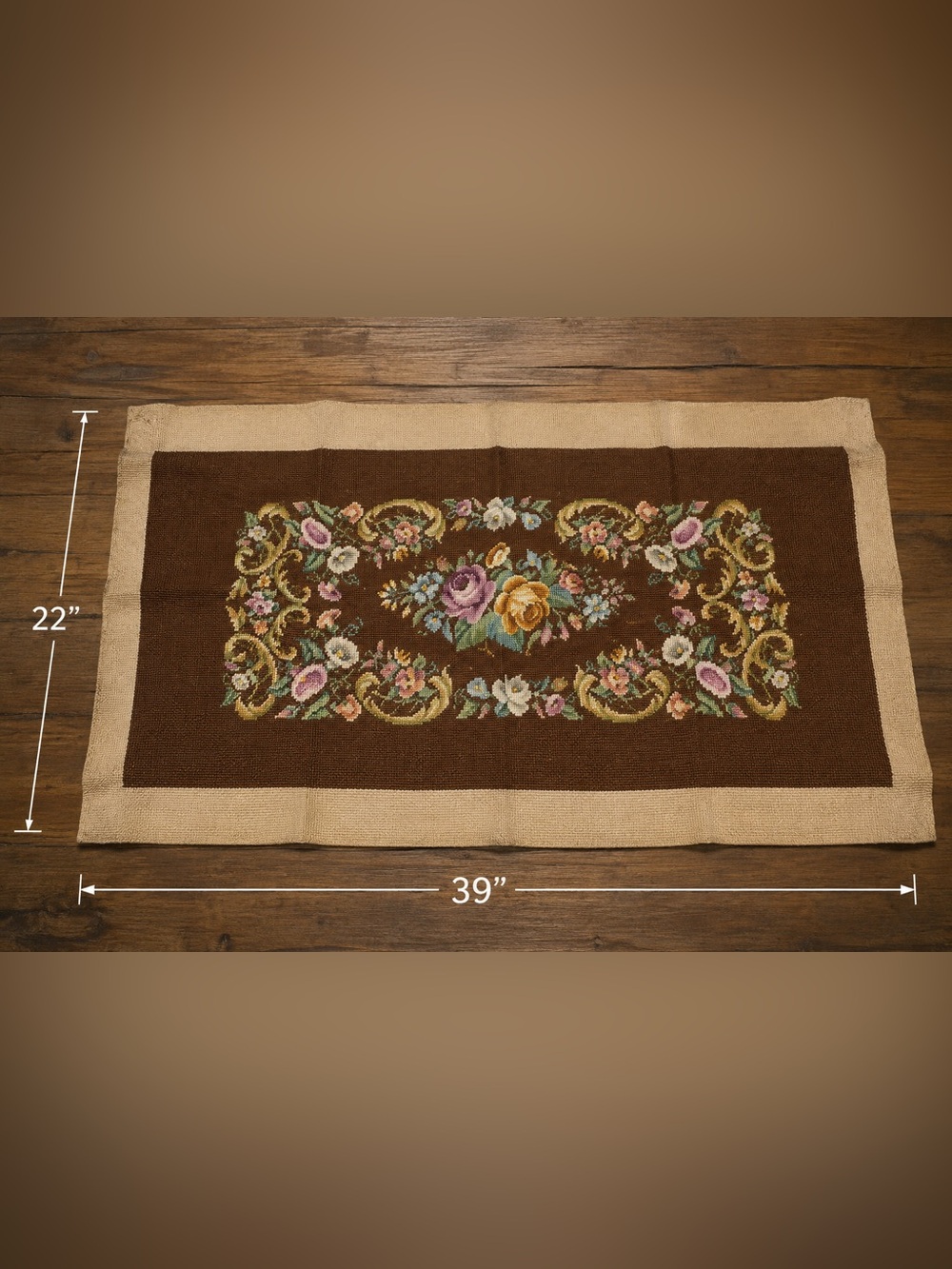 22” x 39” vintage handmade needlepoint tapestry floral bench panel upholstery - Picture 4 of 12